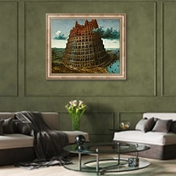 «Вавилонская башня» в интерьере гостиной в оливковых тонах