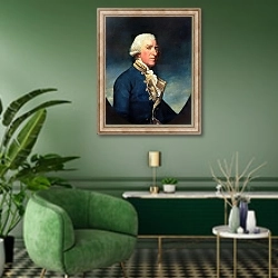 «Admiral Samuel Hood, 1st Viscount Hood 1784» в интерьере гостиной в зеленых тонах