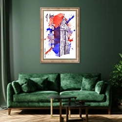 «Биг Бен на красно-синем акварельном пятне» в интерьере зеленой гостиной над диваном
