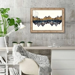 «And the Mountains Echoed, 2013, dry-point etching and digital» в интерьере кабинета в скандинавском стиле с бетонной стеной