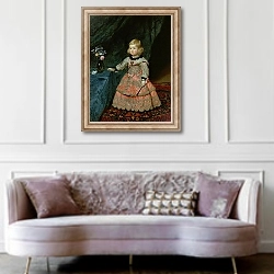 «The Infanta Margarita Teresa of Spain in a Red Dress, 1653» в интерьере гостиной в классическом стиле над диваном