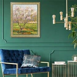 «Apple Tree in Blossom; Pommiers en Fleurs,» в интерьере в классическом стиле с зеленой стеной