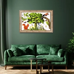 «The Wonderful Oak Tree» в интерьере зеленой гостиной над диваном