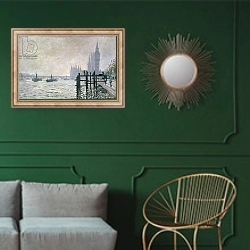 «The Thames below Westminster, 1871» в интерьере классической гостиной с зеленой стеной над диваном