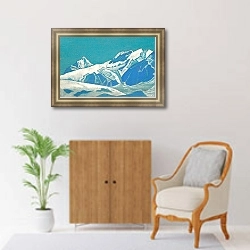 «Гималаи. Этюд 7» в интерьере классической гостиной с зеленой стеной над диваном