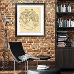 «Карта мира в виде полушарий: восточное полушарие, 1855 г.» в интерьере кабинета в стиле лофт с кирпичными стенами