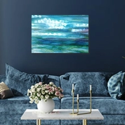 «Текущая река с блестящими солнечными бликами» в интерьере современной гостиной в синем цвете
