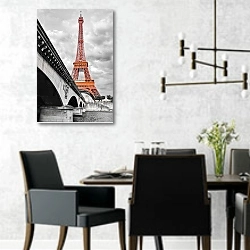«Франция, Париж. Эйфелева башня в красном оттенке» в интерьере современной столовой с черными креслами
