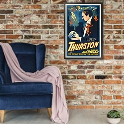 «Thurston the great magician the wonder show of the universe.» в интерьере в стиле лофт с кирпичной стеной и синим креслом