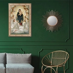 «The Virgin with Angels, 1900» в интерьере классической гостиной с зеленой стеной над диваном