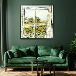 «Through the Cottage Window Suffolk, 2010,» в интерьере зеленой гостиной над диваном