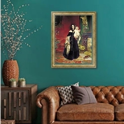 «Портрет Марии Аркадьевны Бек с дочерью. 1840» в интерьере гостиной с зеленой стеной над диваном