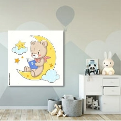 «Симпатичный медвежонок на луне и читает книгу» в интерьере детской комнаты для мальчика с росписью на стенах