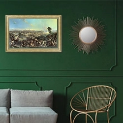 «Сражение при Нови» в интерьере классической гостиной с зеленой стеной над диваном