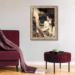 «Гилас и Нимфы» в интерьере гостиной в бордовых тонах