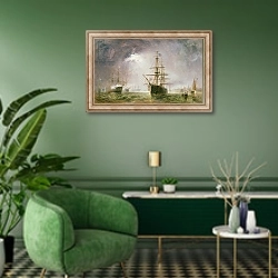 «Half Mast High, 19th century» в интерьере гостиной в зеленых тонах
