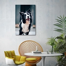 «Веселая черно-белая собачка» в интерьере современной гостиной с желтым креслом