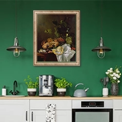 «Still Life, 17th century» в интерьере кухни с зелеными стенами