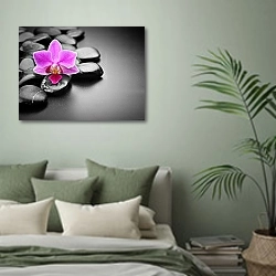 «Камни. Орхидея» в интерьере современной спальни в зеленых тонах