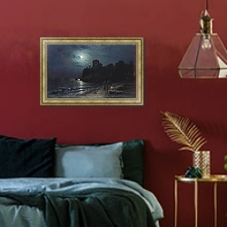 «Moonlight on the Edge of a Lake, 1870» в интерьере спальни с акцентной стеной