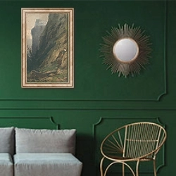 «Záber zo Zádielskej doliny» в интерьере классической гостиной с зеленой стеной над диваном