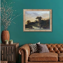 «Пейзаж с рекой и подножьем холма» в интерьере гостиной с зеленой стеной над диваном