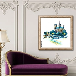 «Мрачный городской пейзаж с собором Нотр-Дам-де-Париж, Франция, эскиз» в интерьере в классическом стиле над банкеткой