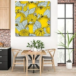 «Эскиз с лимонами» в интерьере кухни с кирпичными стенами над столом