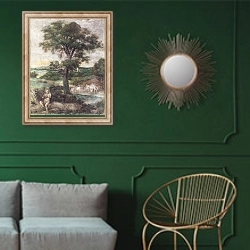 «Меркурий, крадущий стадо Адмета» в интерьере классической гостиной с зеленой стеной над диваном