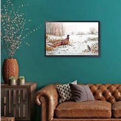 «Pheasant and bramblefinch in the snow» в интерьере гостиной с зеленой стеной над диваном