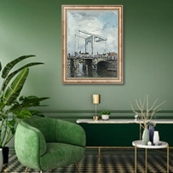 «Разводной мост в голланском городке» в интерьере гостиной в зеленых тонах