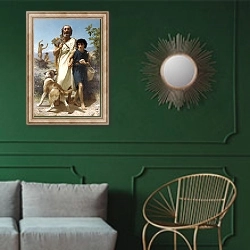 «Гомер и его проводник» в интерьере классической гостиной с зеленой стеной над диваном