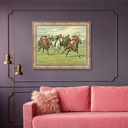 «Races Historic and Modern, Cossack Horse Races» в интерьере гостиной с розовым диваном