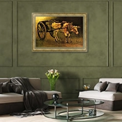 «Телега запряженная рыже-белым буйволом» в интерьере гостиной в оливковых тонах