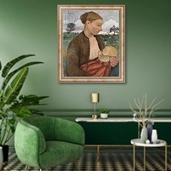 «Mother and Child, 1903» в интерьере гостиной в зеленых тонах