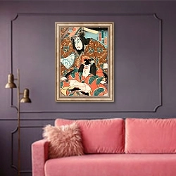 «Fujiwara no Tokihira and Toneri Matsuōmaru from the Play Sugawara Denjū Tenarai Kagami» в интерьере гостиной с розовым диваном
