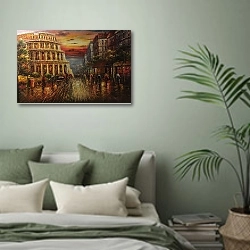 «Красочная римская улица с видом на Колизей» в интерьере современной спальни в зеленых тонах