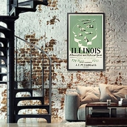 «Illinois, A descriptive and historical guide» в интерьере двухярусной гостиной в стиле лофт с кирпичной стеной