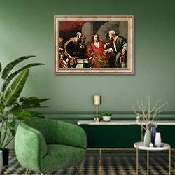 «Tribute Money, c.1631» в интерьере гостиной в зеленых тонах