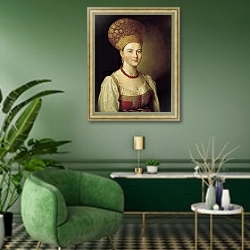 «Портрет неизвестной крестьянки в русском костюме. 1784» в интерьере гостиной в зеленых тонах