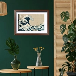 «The Great Wave of Kanagawa, from the series '36 Views of Mt. Fuji' pub. by Nishimura Eijudo» в интерьере в этническом стиле с зеленой стеной