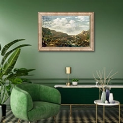 «Rhineland View, 17th century» в интерьере гостиной в зеленых тонах