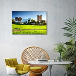 «Город Аделаида, Южная Австралия» в интерьере современной гостиной с желтым креслом