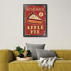 «Винтажная вывеска с яблочным пирогом» в интерьере в скандинавском стиле с желтым диваном