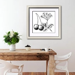«Cherry with leaves and flowers vintage engraving» в интерьере кухни с деревянным столом