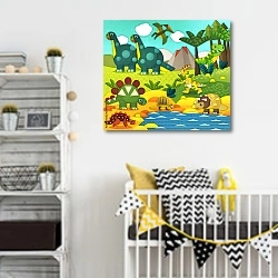 «Динозавры 2» в интерьере детской комнаты для мальчика с желтыми деталями