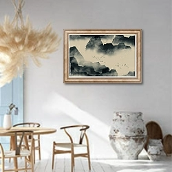 «Китайский пейзаж с птицами над горами» в интерьере столовой в этническом стиле