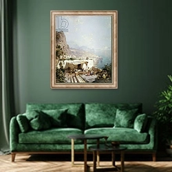 «Amalfi - Gulf of Salerno; Amalfi - Golfe de Salerne,» в интерьере зеленой гостиной над диваном