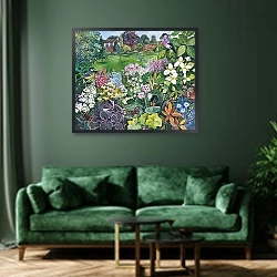 «The Garden with Birds and Butterflies» в интерьере зеленой гостиной над диваном