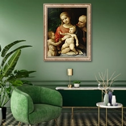 «The Virgin and Child surrounded by St John the Baptist and St Joseph, 1517» в интерьере гостиной в зеленых тонах